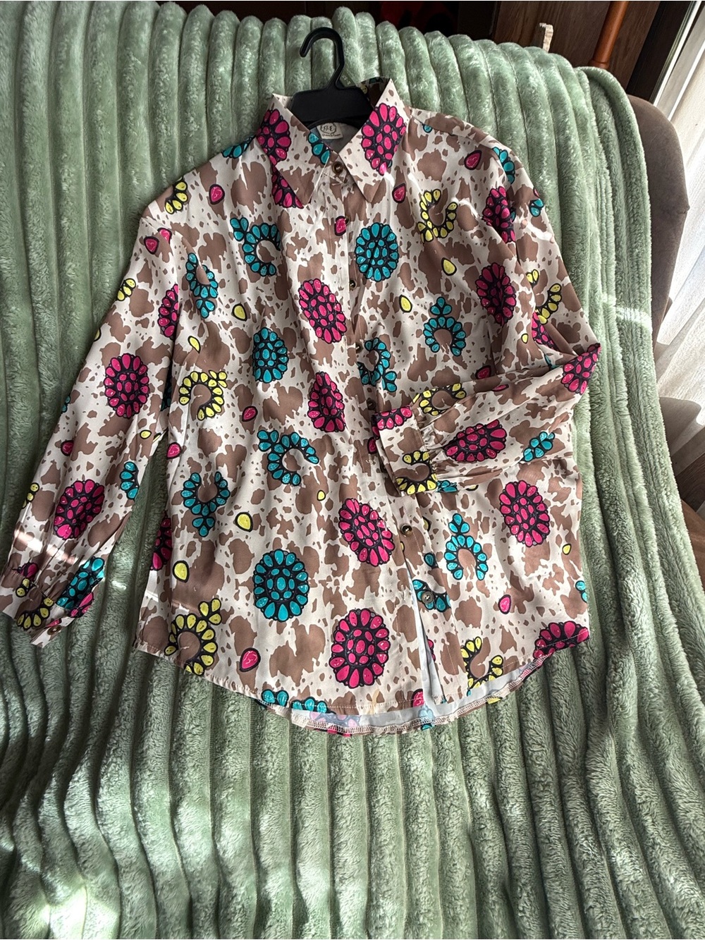 Women's Floral Print Button-Up Shirt Jacket - Beige with Pink & Teal Accents